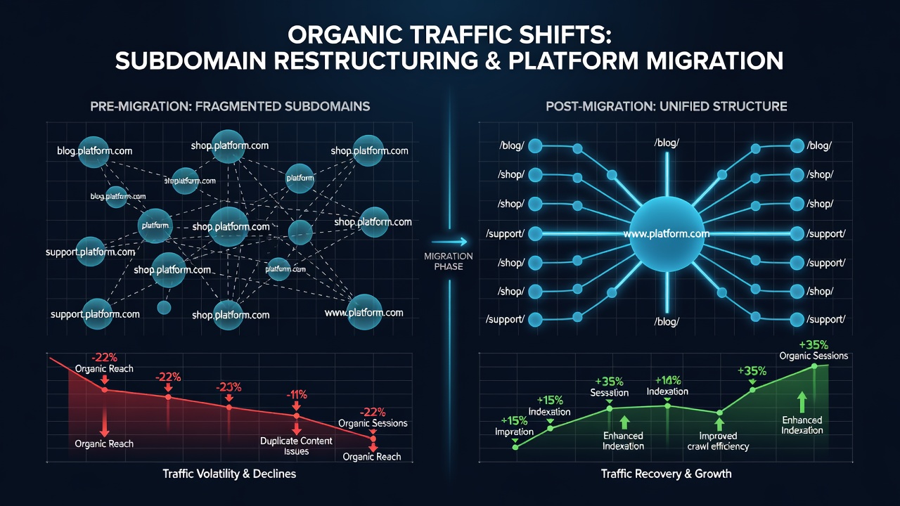 Detailed analytics dashboard tracking subdomain-specific organic traffic recovery over multiple quarters