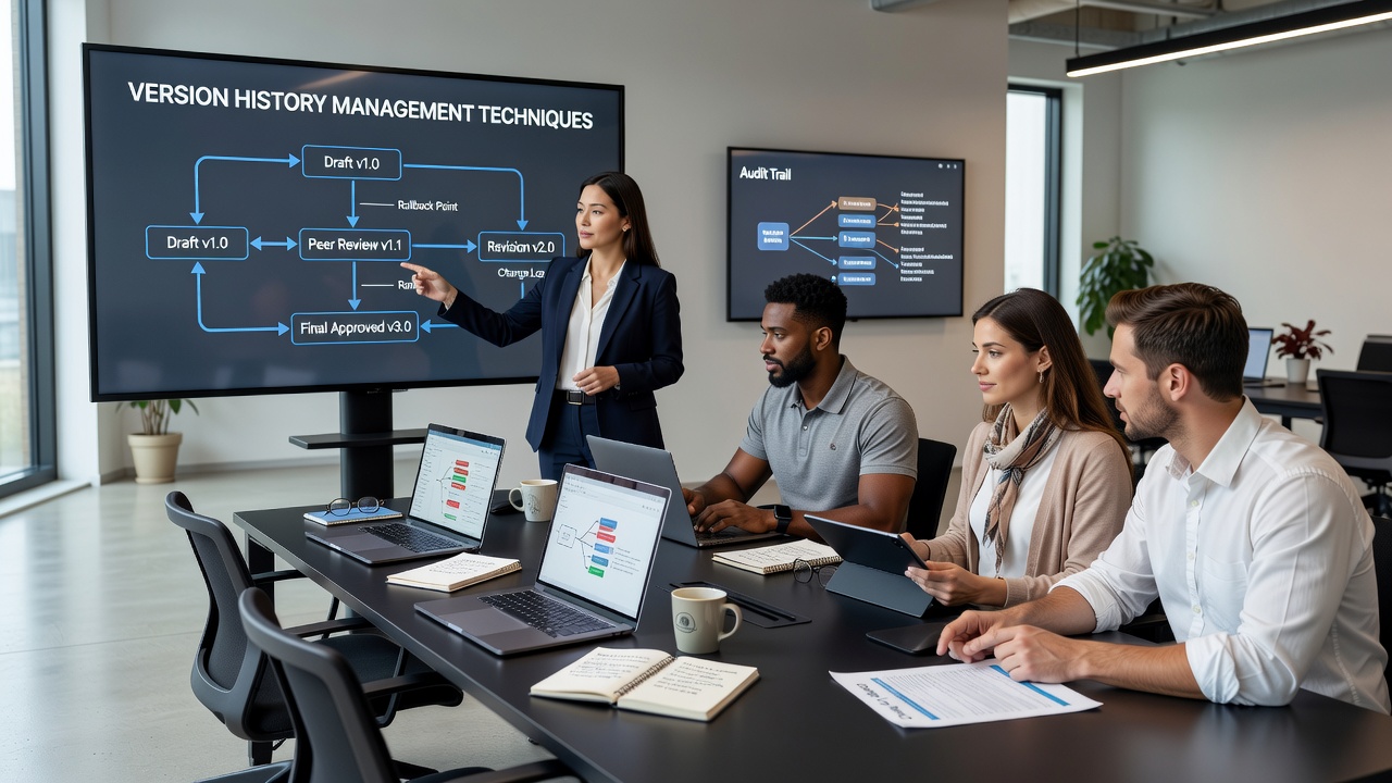 Detailed view of version comparison screens and branching diagrams on content management dashboards